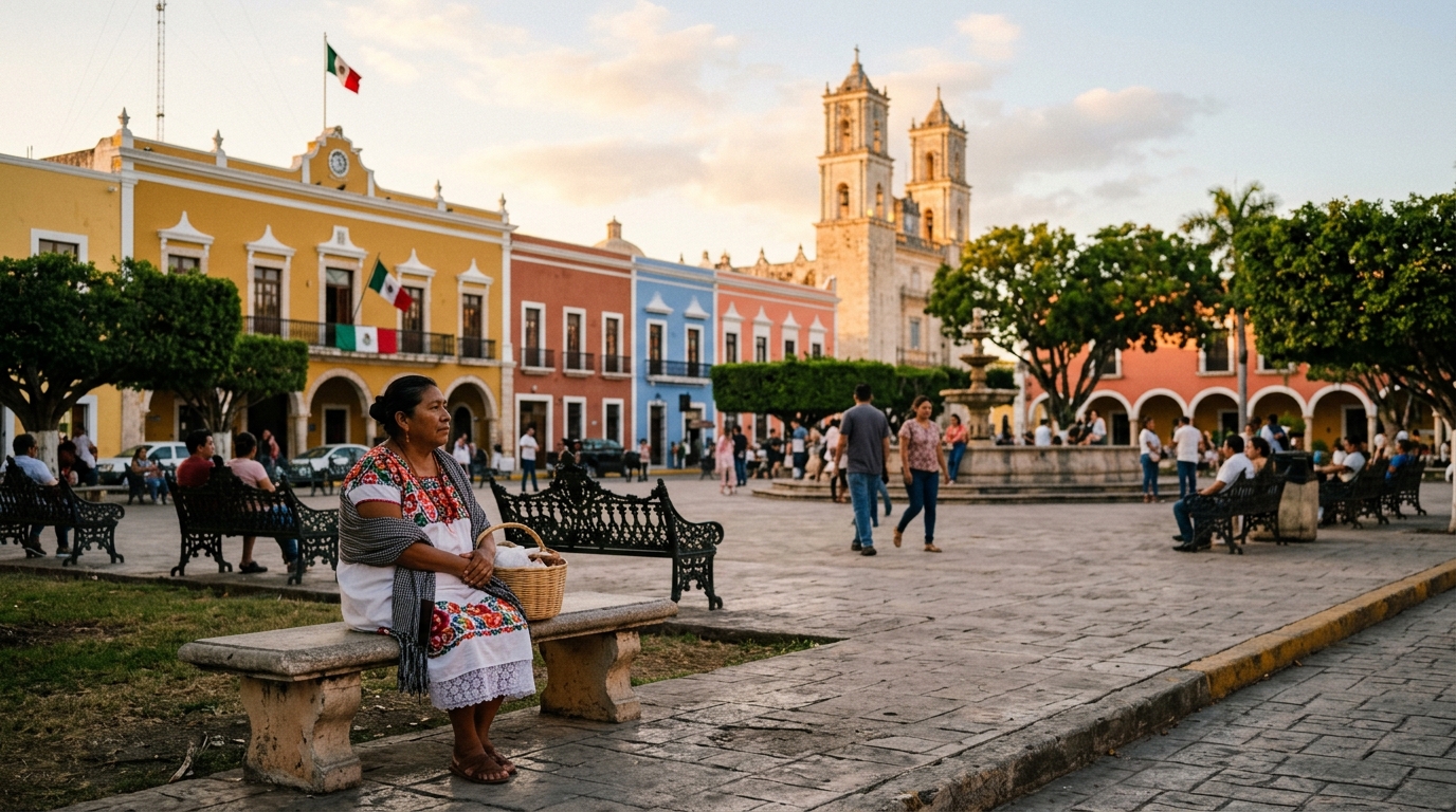 Valladolid Mexico colonial town plaza with colorful buildings at golden hour - in cenotes yucatan travel guide