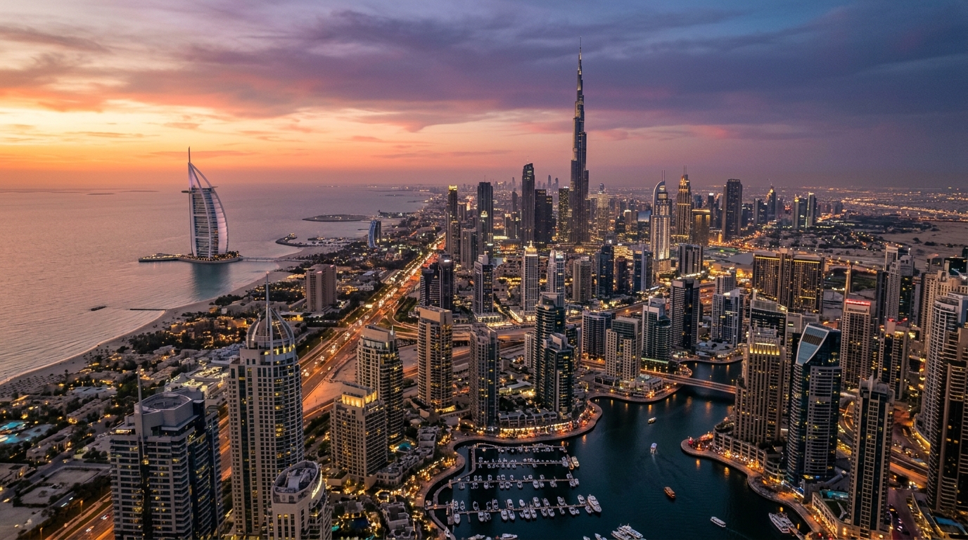 Dubai skyline at sunset showing Burj Khalifa, Burj Al Arab, and the Marina district
