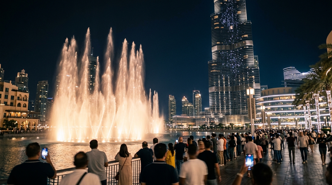 Dubai Fountain in action at night with Burj Khalifa lit up in the background