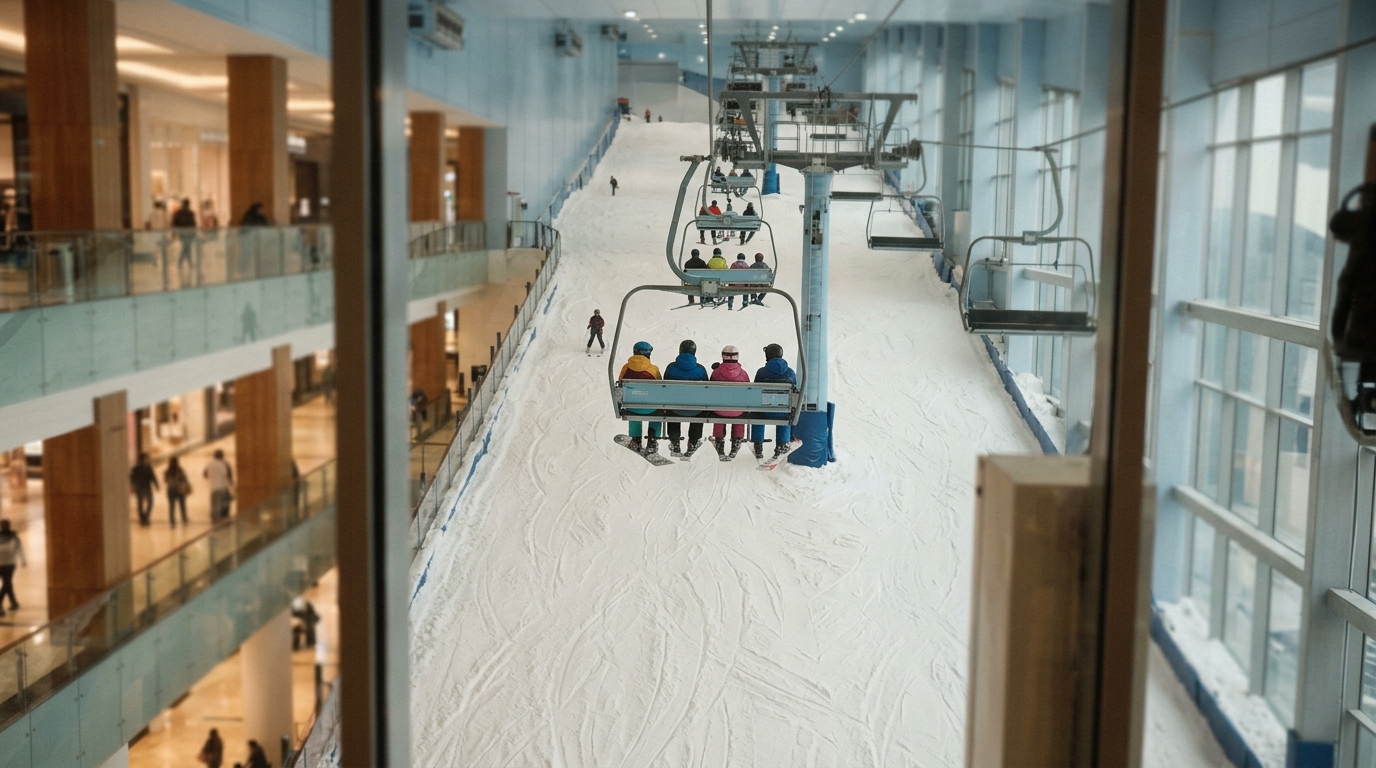 Interior of Ski Dubai showing chairlift and snow slope inside Mall of the Emirates