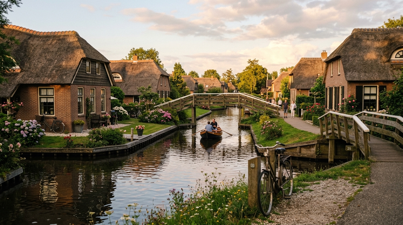 Giethoorn old town canal at golden hour with thatched-roof Dutch farmhouses and wooden bridges in giethoorn travel guide