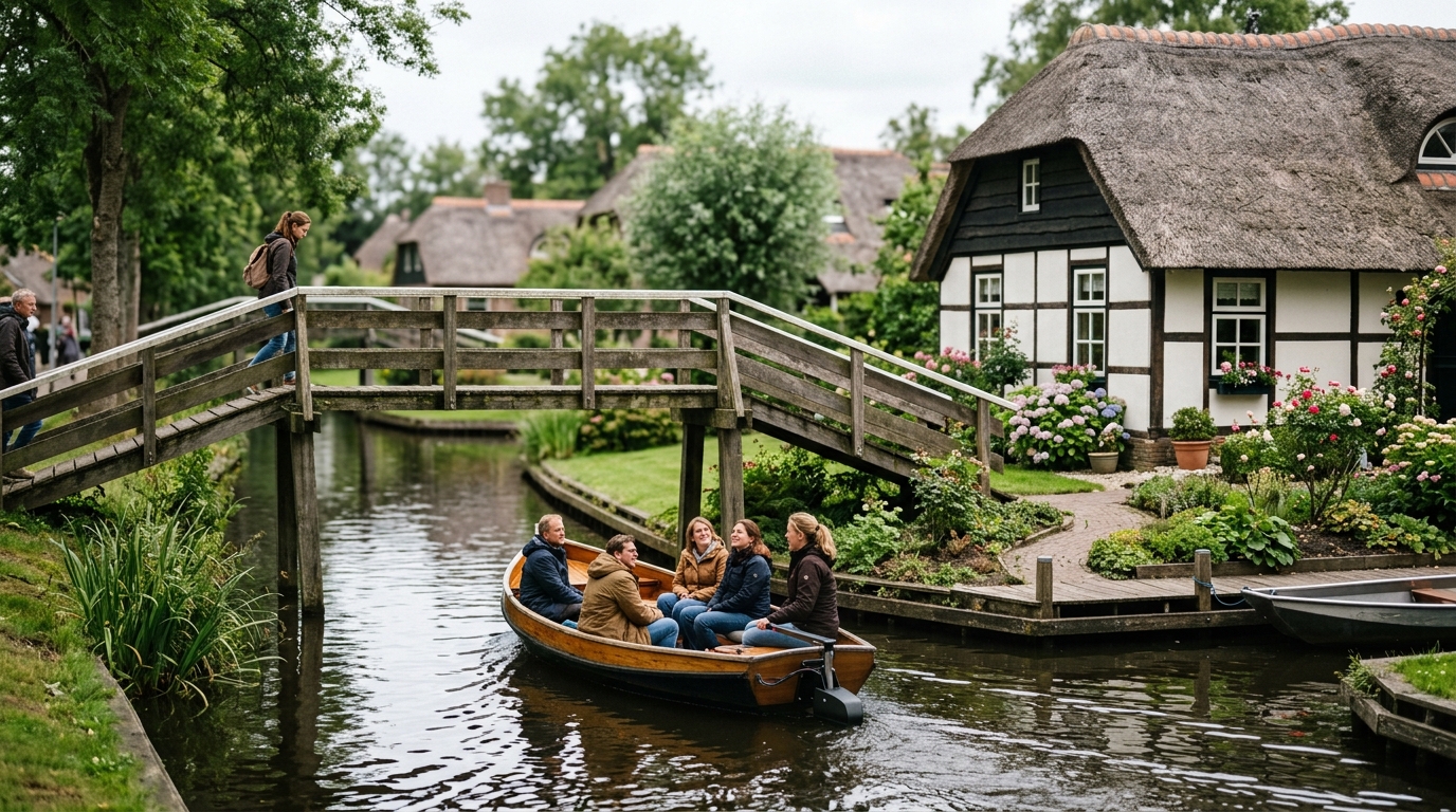 Electric whisper boat on Giethoorn canal passing under wooden bridge with thatched farmhouse in giethoorn travel guide