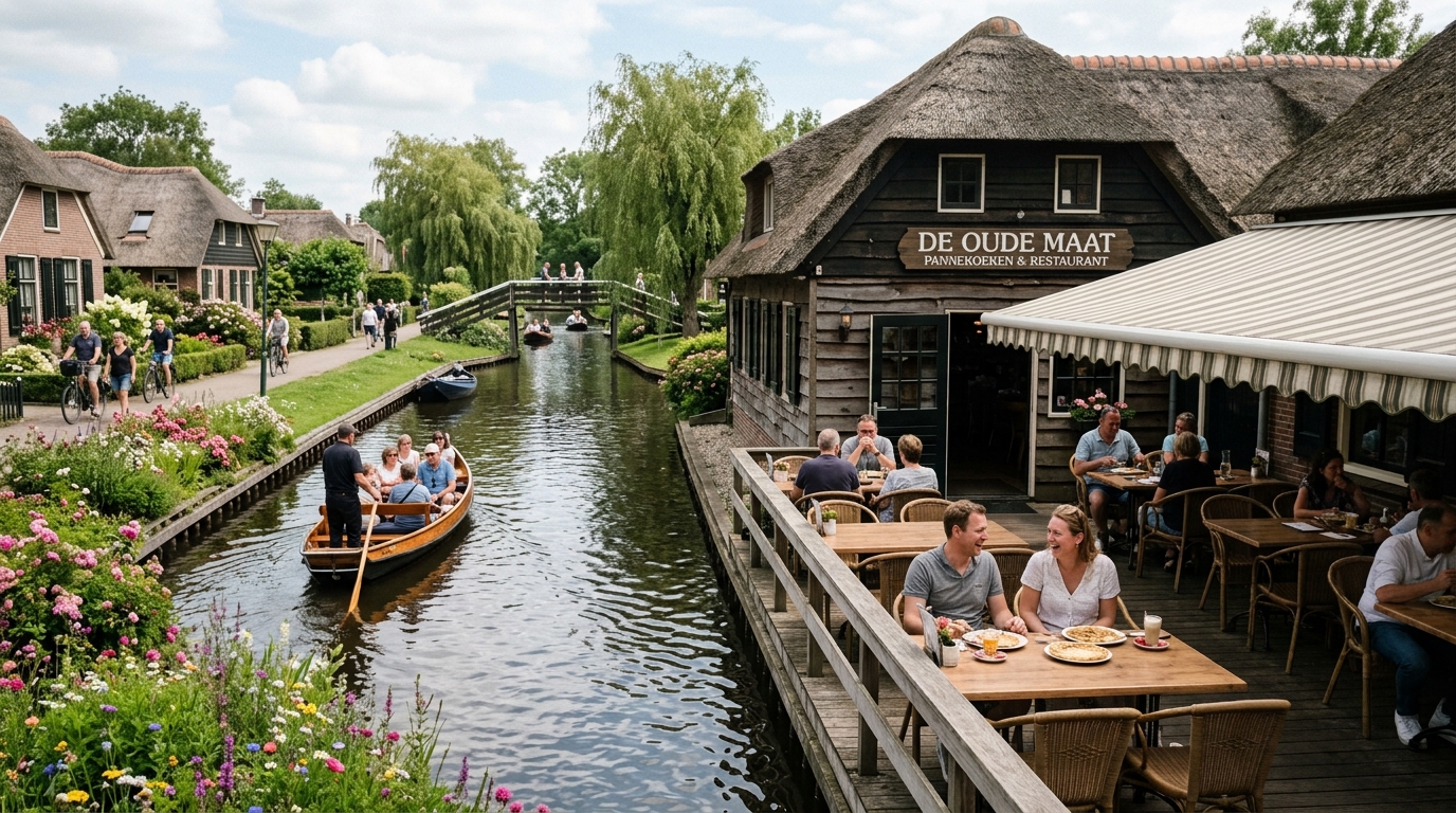 De Oude Maat traditional Dutch pancake cafe on Giethoorn canal bank with terrace over water in giethoorn travel guide