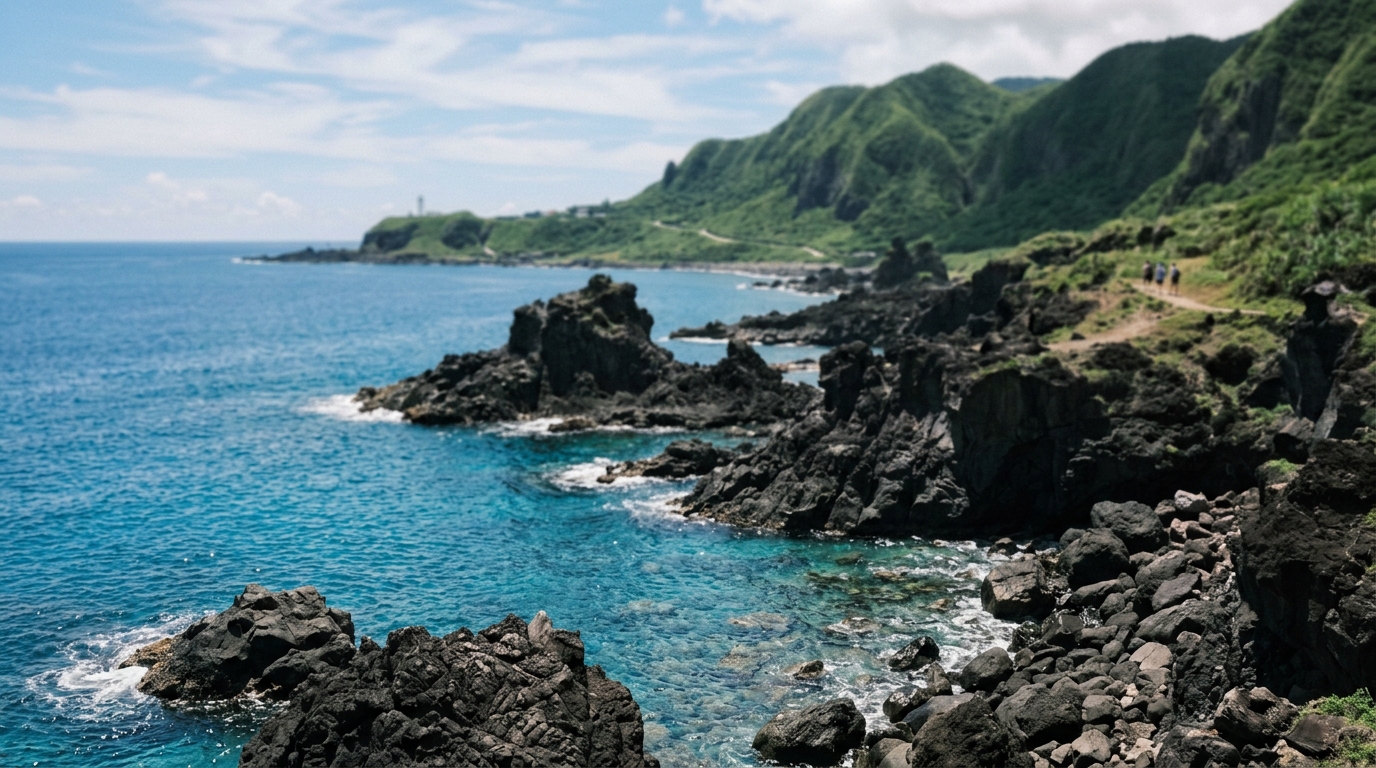 Green Island Taiwan coastline with volcanic rock formations and crystal-clear blue water - in green island taiwan travel guide