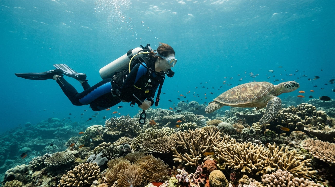 Scuba diver swimming above coral reef at Green Island Taiwan with sea turtle visible - in green island taiwan travel guide