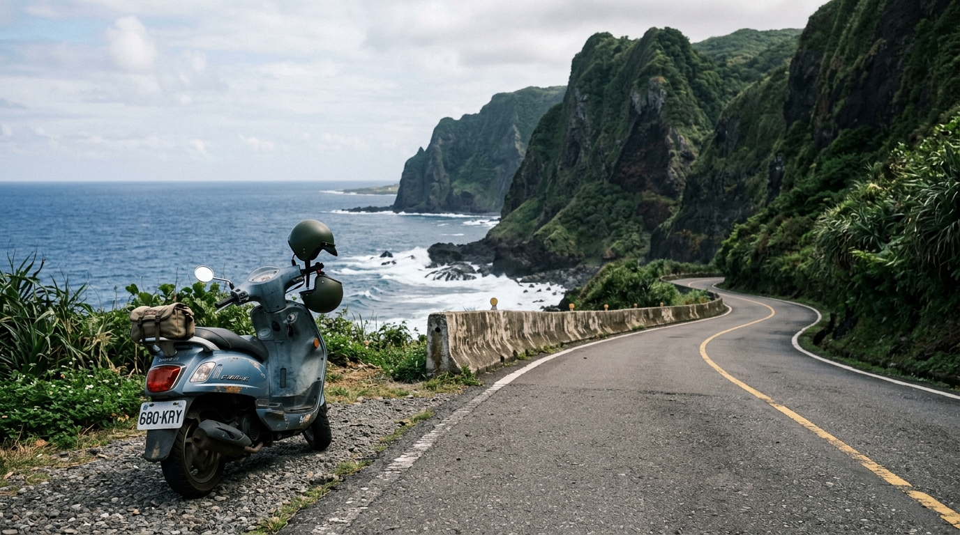 Scooter parked on Green Island Taiwan coastal road with dramatic volcanic cliffs and Pacific Ocean view - in green island taiwan travel guide