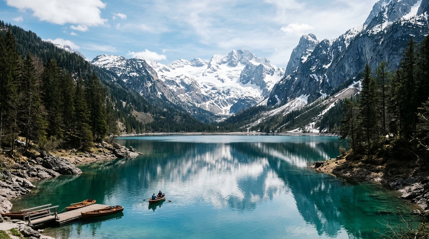 Wide panoramic view of Gosausee lake with Dachstein glacier reflected in turquoise water and snow-capped peaks in best day trips from hallstatt