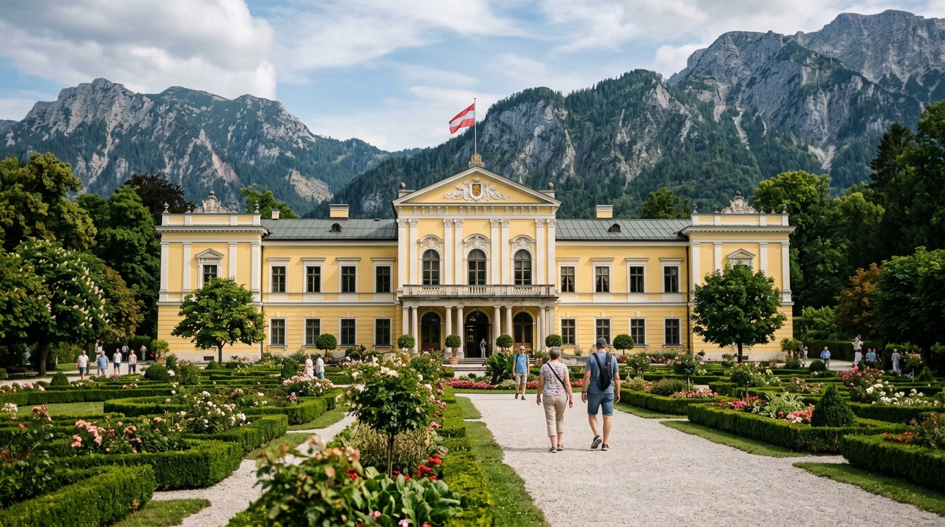 The Kaiservilla imperial summer villa in Bad Ischl with yellow facade and formal gardens, Austrian Alps in background in best day trips from hallstatt