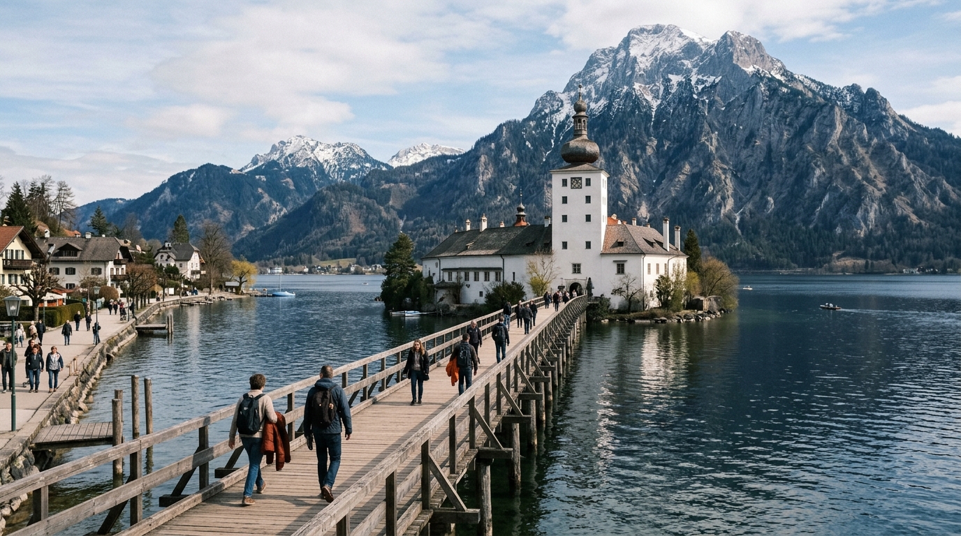 Schloss Ort castle on a small island in Traunsee lake Gmunden Austria connected by wooden bridge with mountain backdrop in best day trips from hallstatt