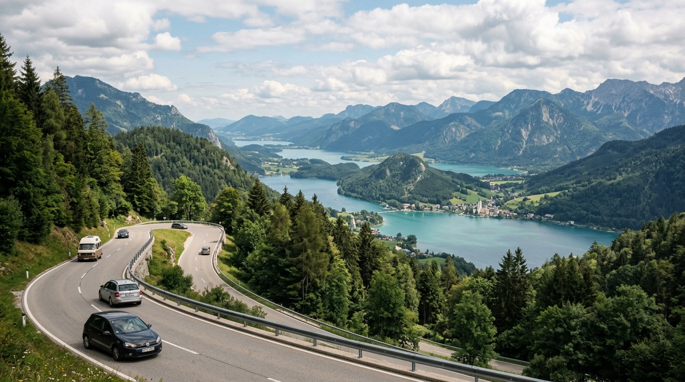 Panoramic driving road through the Salzkammergut lake district Austria with multiple lakes visible between forested moun in best day trips from hallstatt