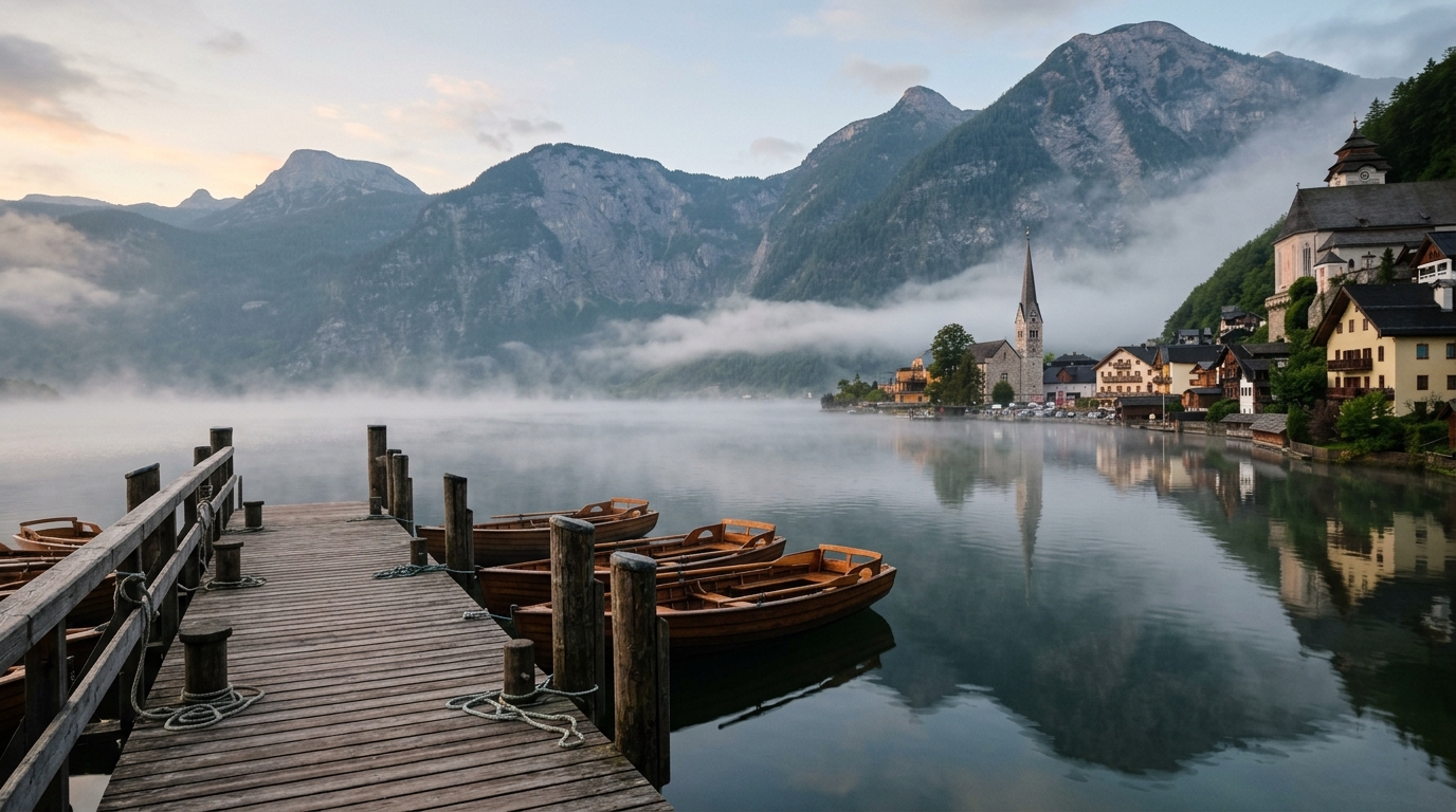 Hallstatt lakefront in early morning with wooden boat dock and mist over the lake, Dachstein mountains in the background in best day trips from hallstatt