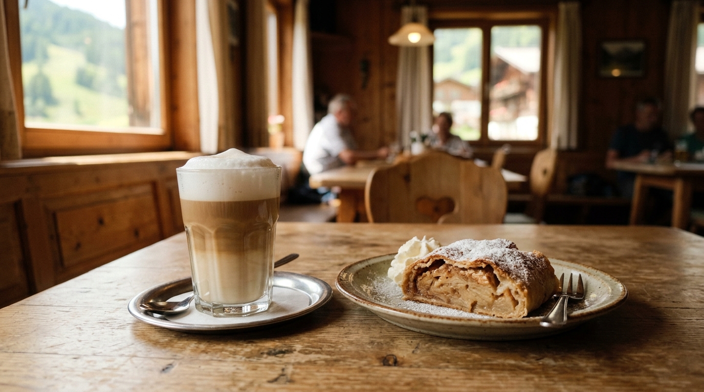 Traditional Austrian Melange coffee in glass with Apfelstrudel dessert at alpine cafe