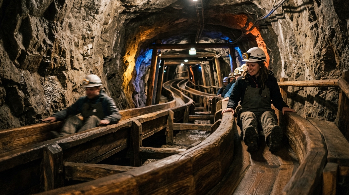 Hallstatt salt mine interior with wooden slides and coloured lighting in ancient tunnels in best tours from hallstatt