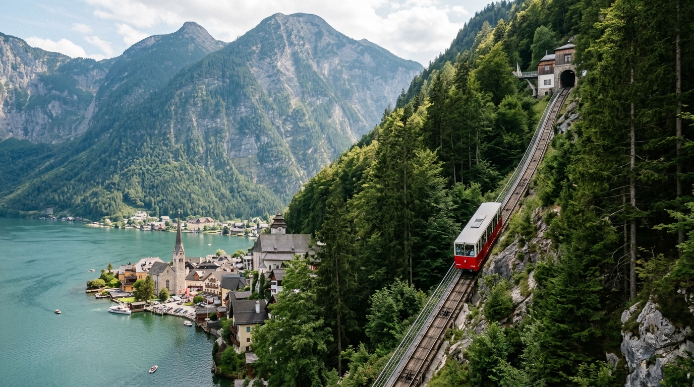 Hallstatt funicular railway ascending Salzberg mountain above the village toward the salt mine entrance in best tours from hallstatt