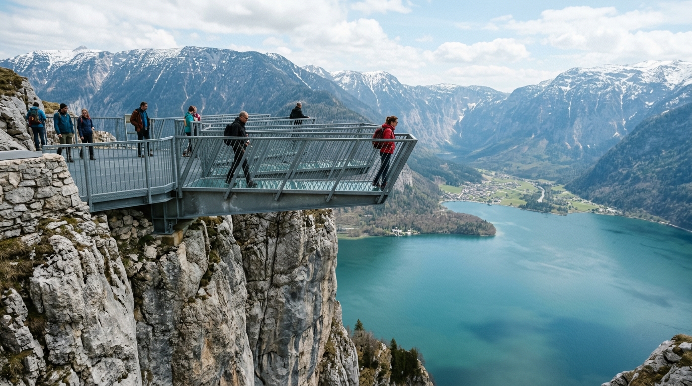 Dachstein 5 Fingers glass platform extending over a vertical alpine cliff with Hallstattersee lake visible far below in best tours from hallstatt