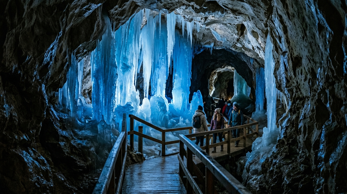 Inside the Dachstein Ice Cave with blue-lit ice formations and stalactites in a natural Alpine cave in best tours from hallstatt