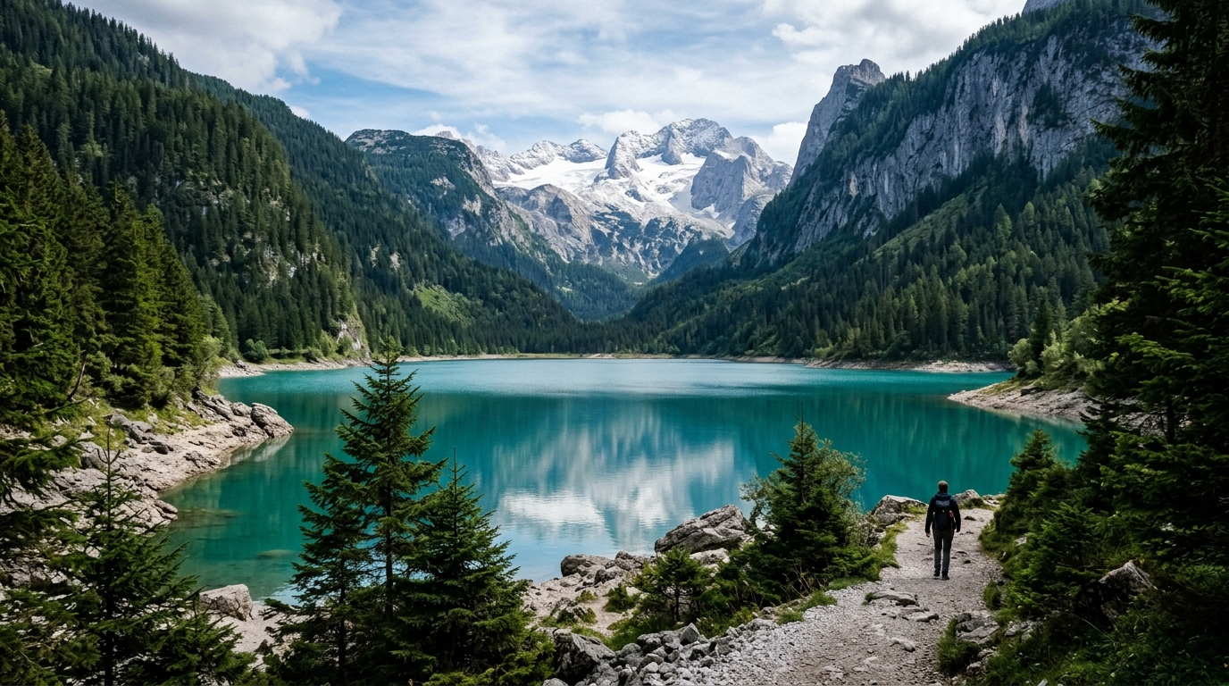 Gosausee turquoise glacial lake with Dachstein glacier visible in the background surrounded by pine forest in best tours from hallstatt
