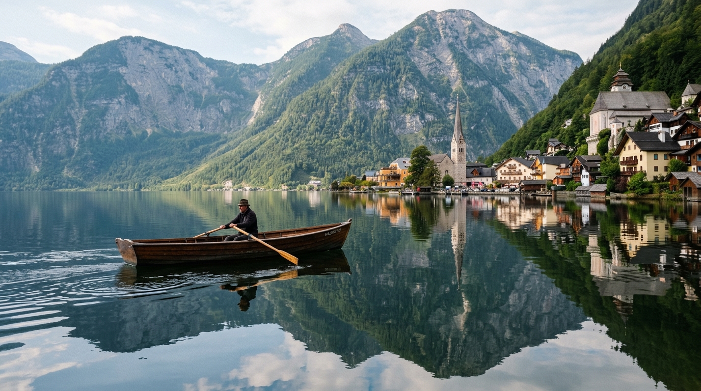 Wooden rowing boat on Hallstattersee with reflection of Hallstatt village colorful houses in the calm lake water in best tours from hallstatt