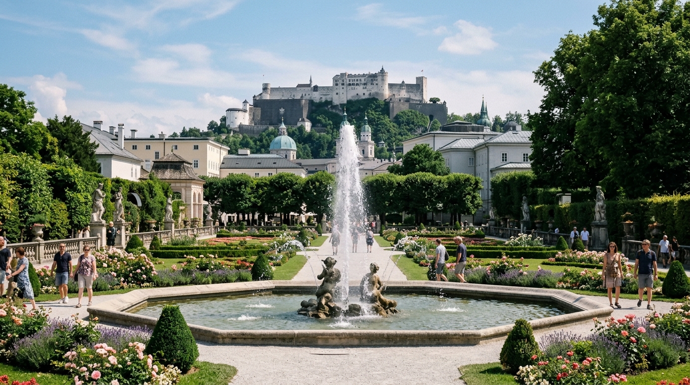 Salzburg Mirabell Gardens with fountain and Hohensalzburg fortress in background on a clear day in best tours from hallstatt