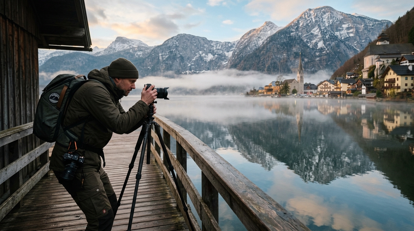 Professional photographer shooting Hallstatt village reflection in lake at dawn with tripod and mist on water in best tours from hallstatt