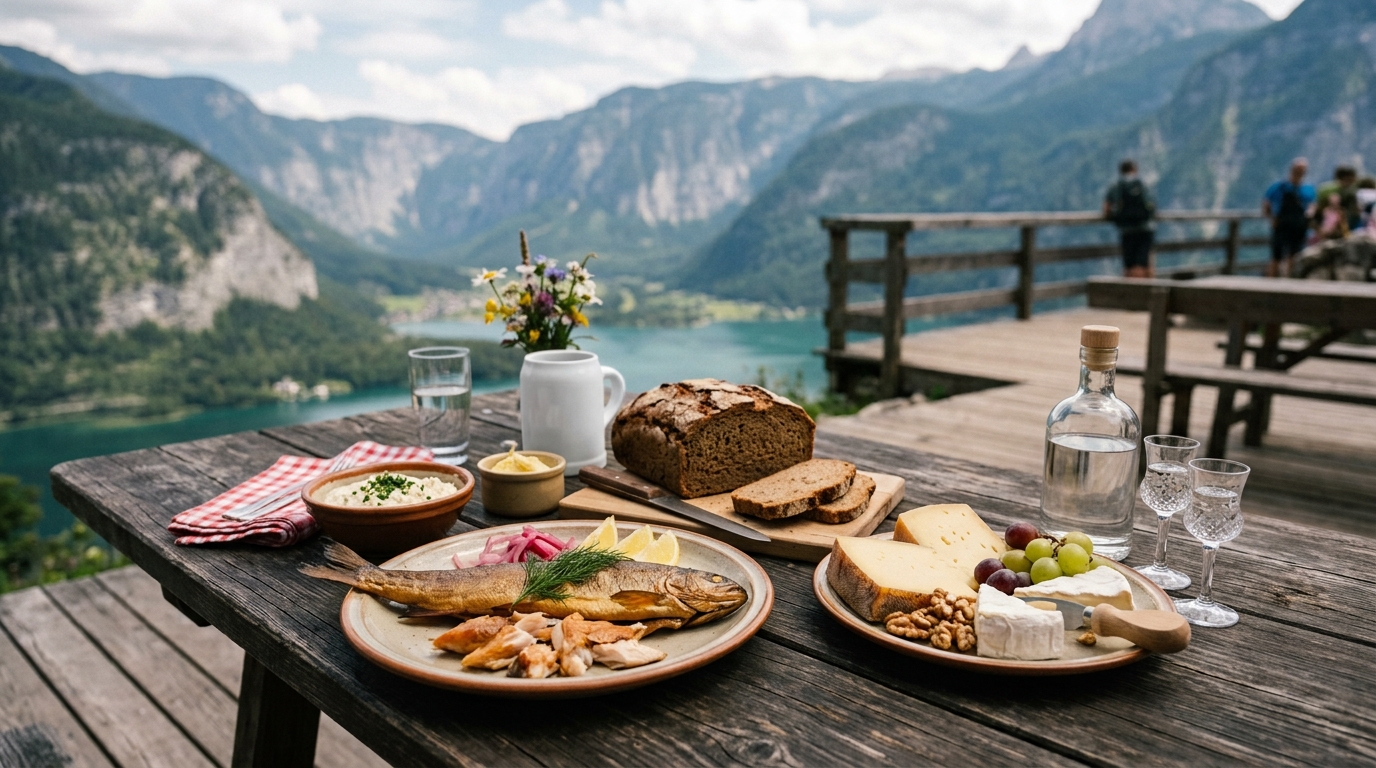 Austrian alpine food spread with smoked whitefish, dark bread, local cheese and schnapps on a rustic wooden table in best tours from hallstatt