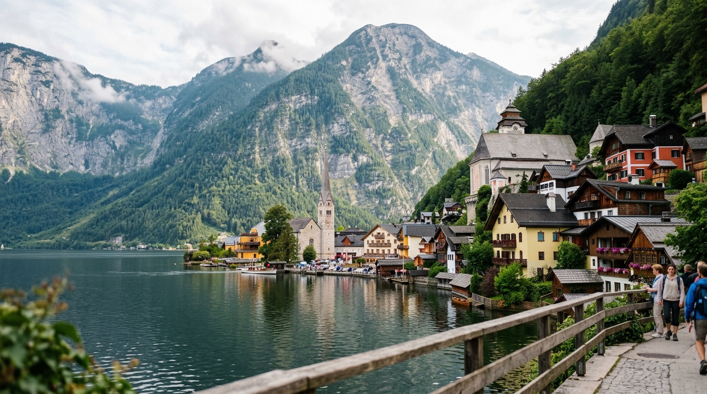 Hallstatt village lakeside view with colorful houses and mountain backdrop - in hallstatt budget guide