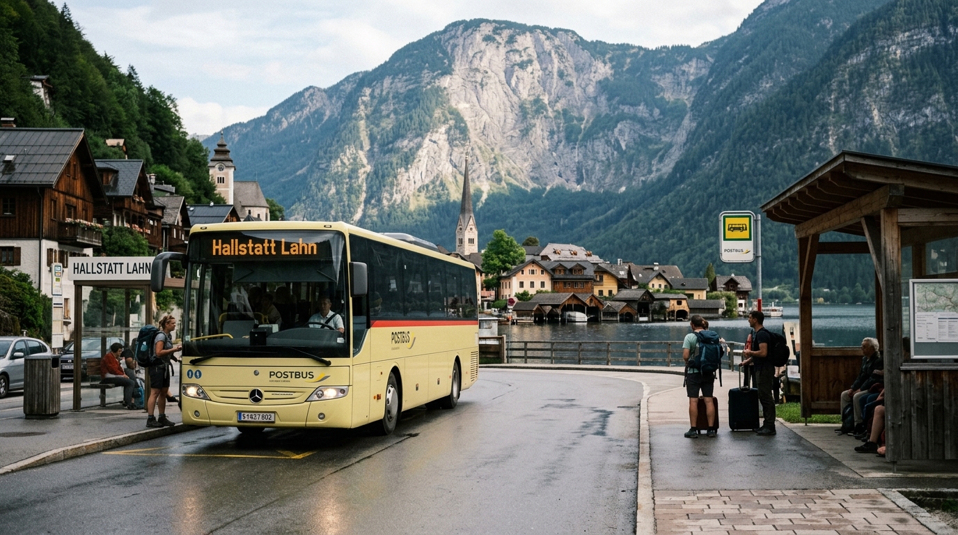 Postbus arriving at Hallstatt Lahn stop with mountain scenery - in hallstatt budget guide