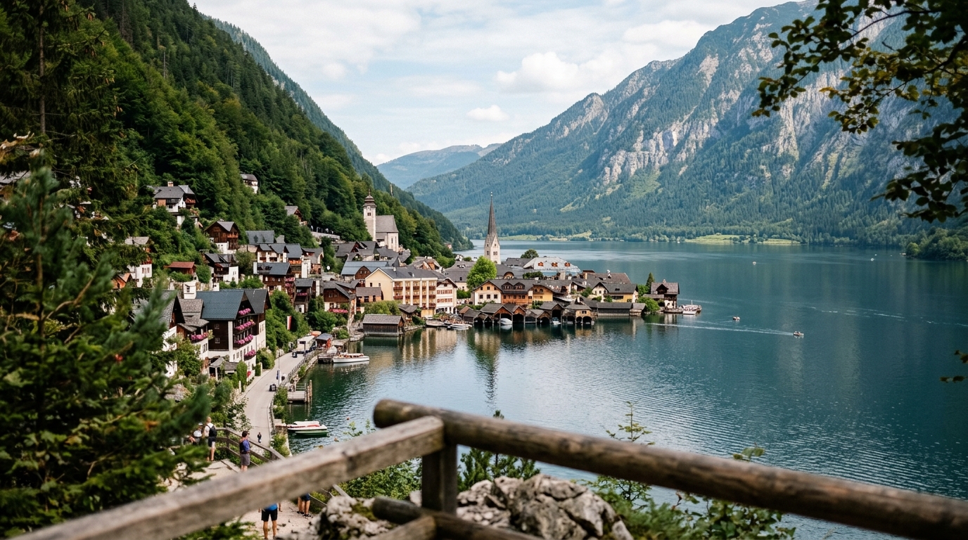 Malerwinkel viewpoint panorama looking over Hallstatt village and lake - in hallstatt budget guide