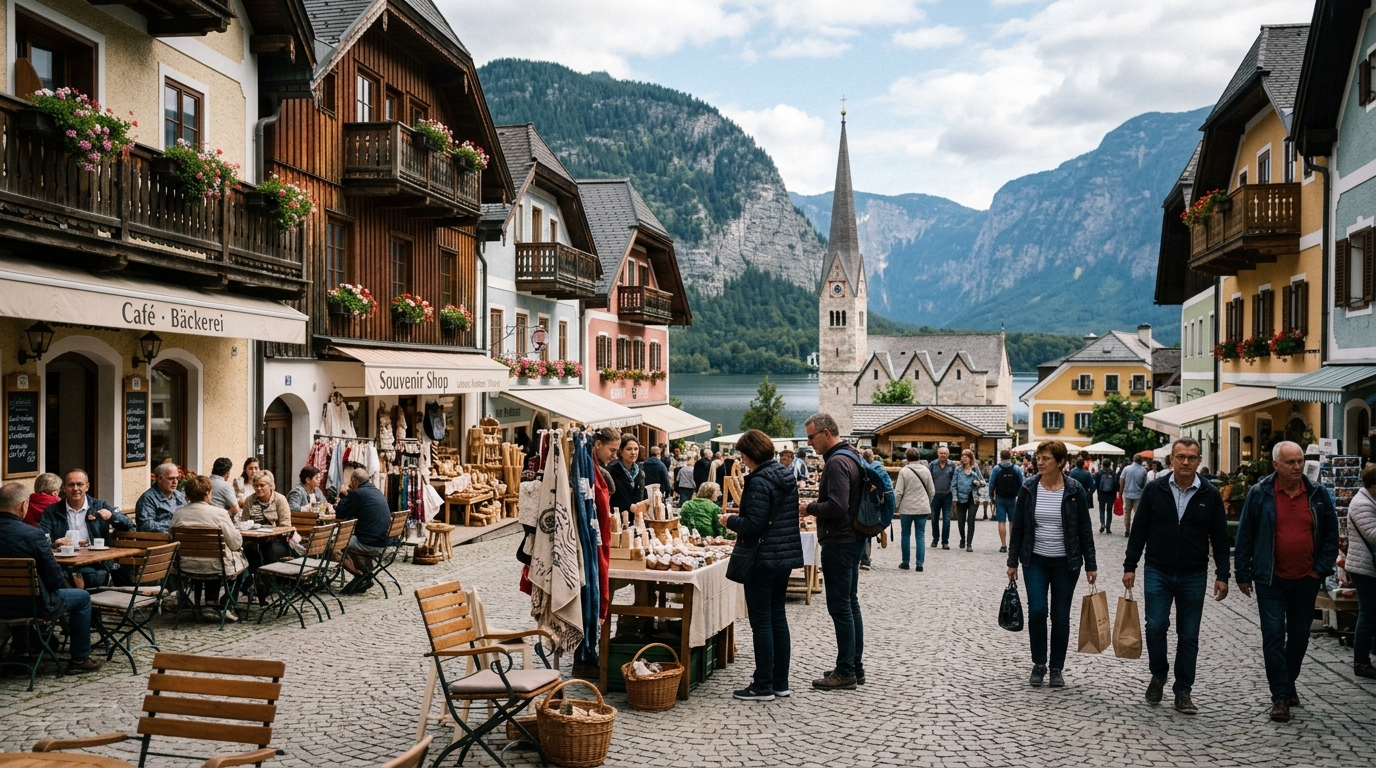 Hallstatt village market square with small shops and cafes - in hallstatt budget guide