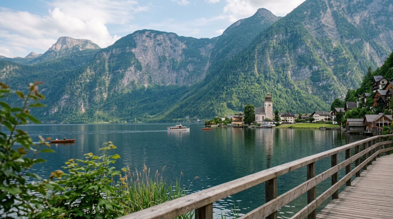 Obertraun village across the lake from Hallstatt with green mountains - in hallstatt budget guide