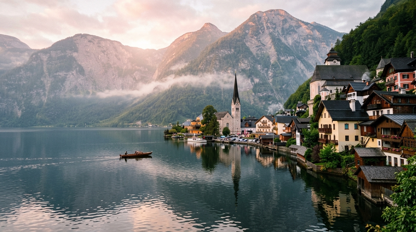 Hallstatt village viewed from the lake at sunrise with pastel-colored houses and church spire in hallstatt hotels