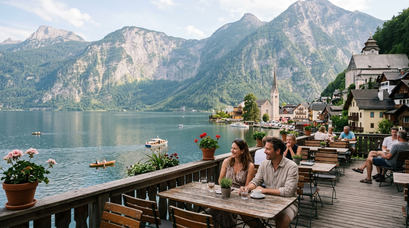Hallstatt lakeside hotel terrace overlooking the Hallstattersee with mountain backdrop in summer in hallstatt hotels