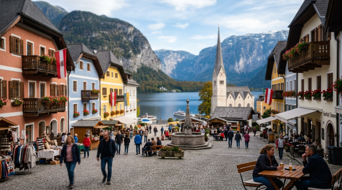 Hallstatt market square with colorful alpine buildings and lake in background in hallstatt hotels