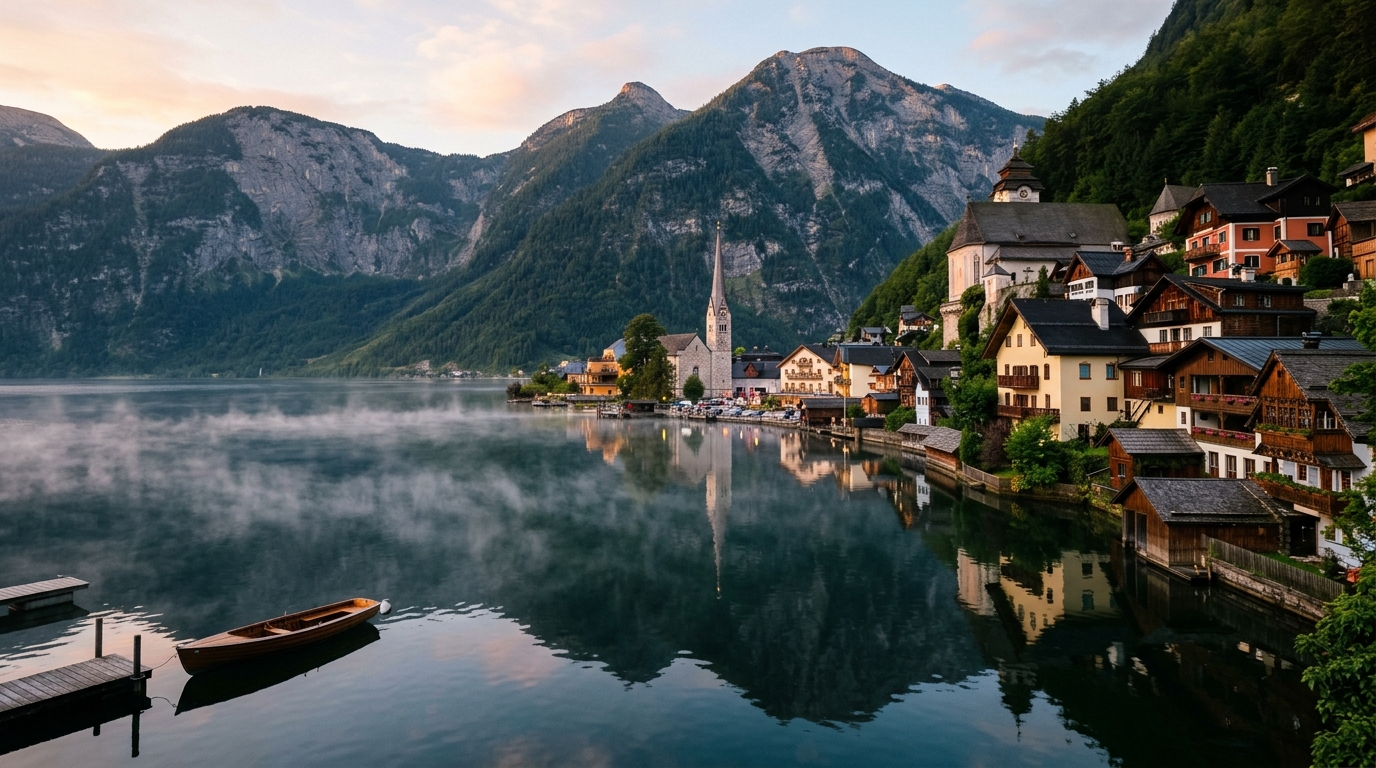 Hallstatt village at sunrise from the lake with mist rising off the water and pastel houses reflected