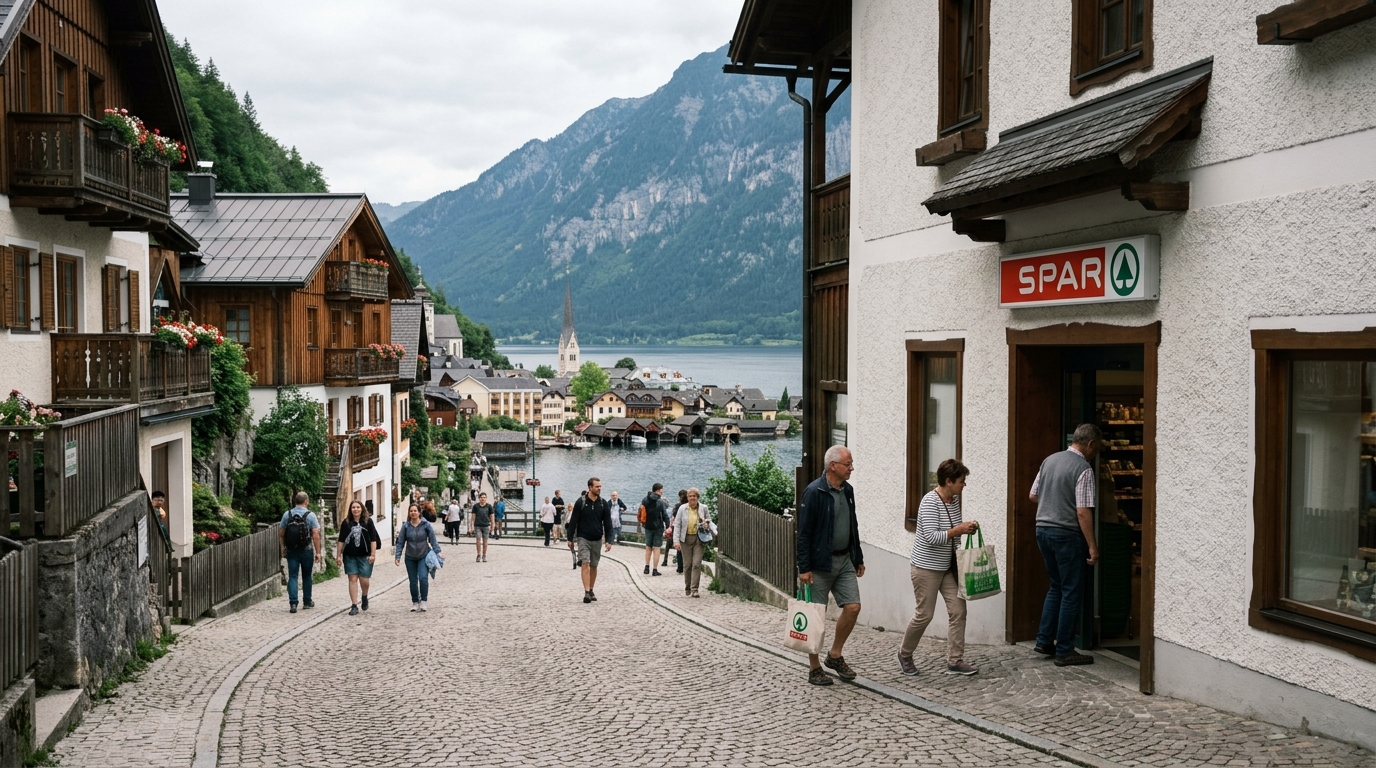 SPAR supermarket in Hallstatt village exterior and nearby Malerwinkel picnic viewpoint