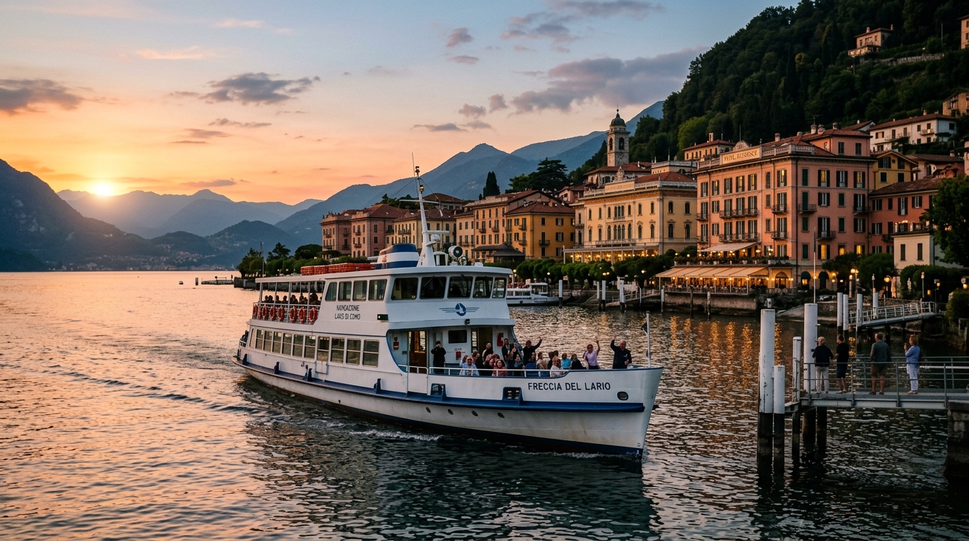 Lake Como ferry boat departing Bellagio at sunset with luxury hotel facades in background