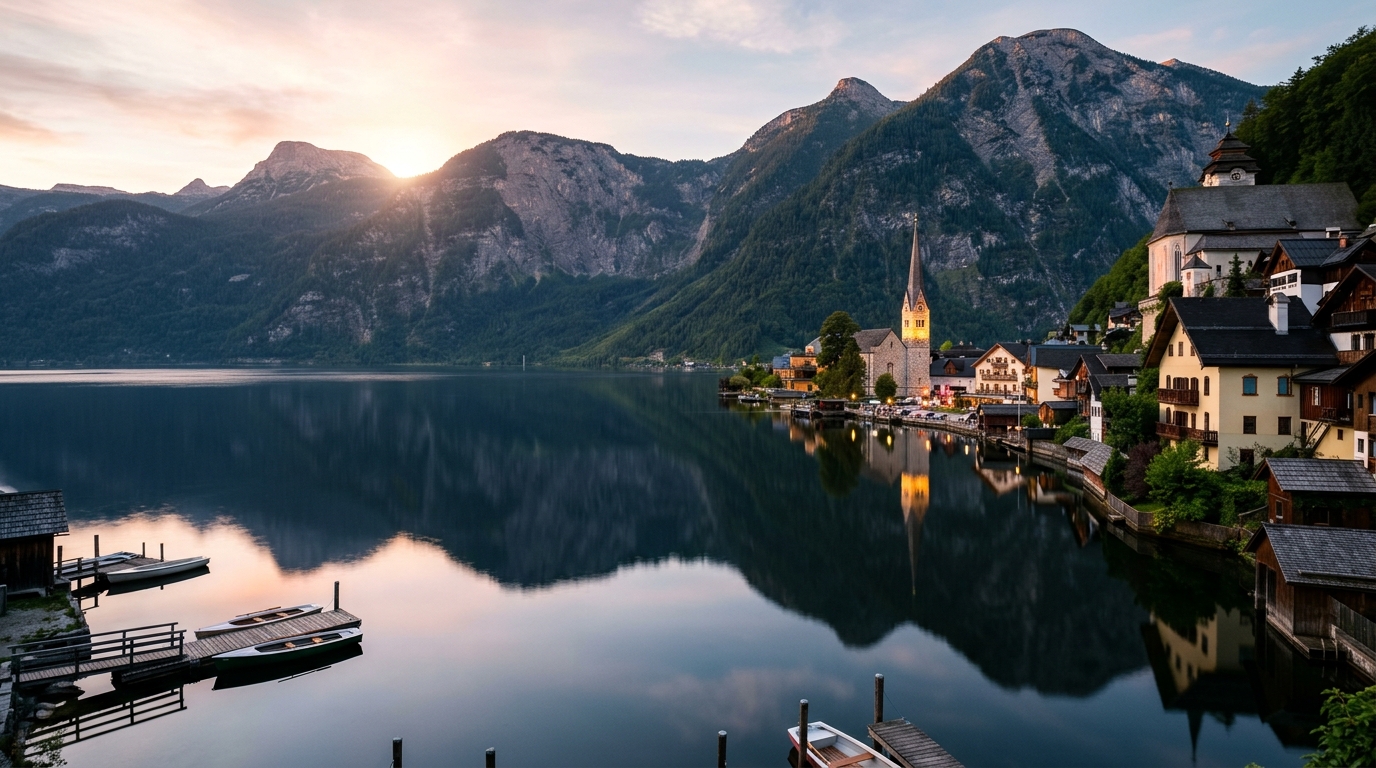 Hallstatt village at sunrise with mirror-like lake reflection and no crowds in is hallstatt worth visiting