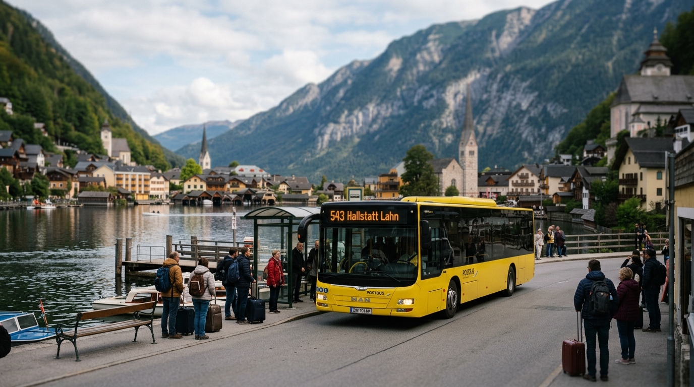 Postbus arriving at Hallstatt lakeside terminal with mountain backdrop - in how to get to hallstatt