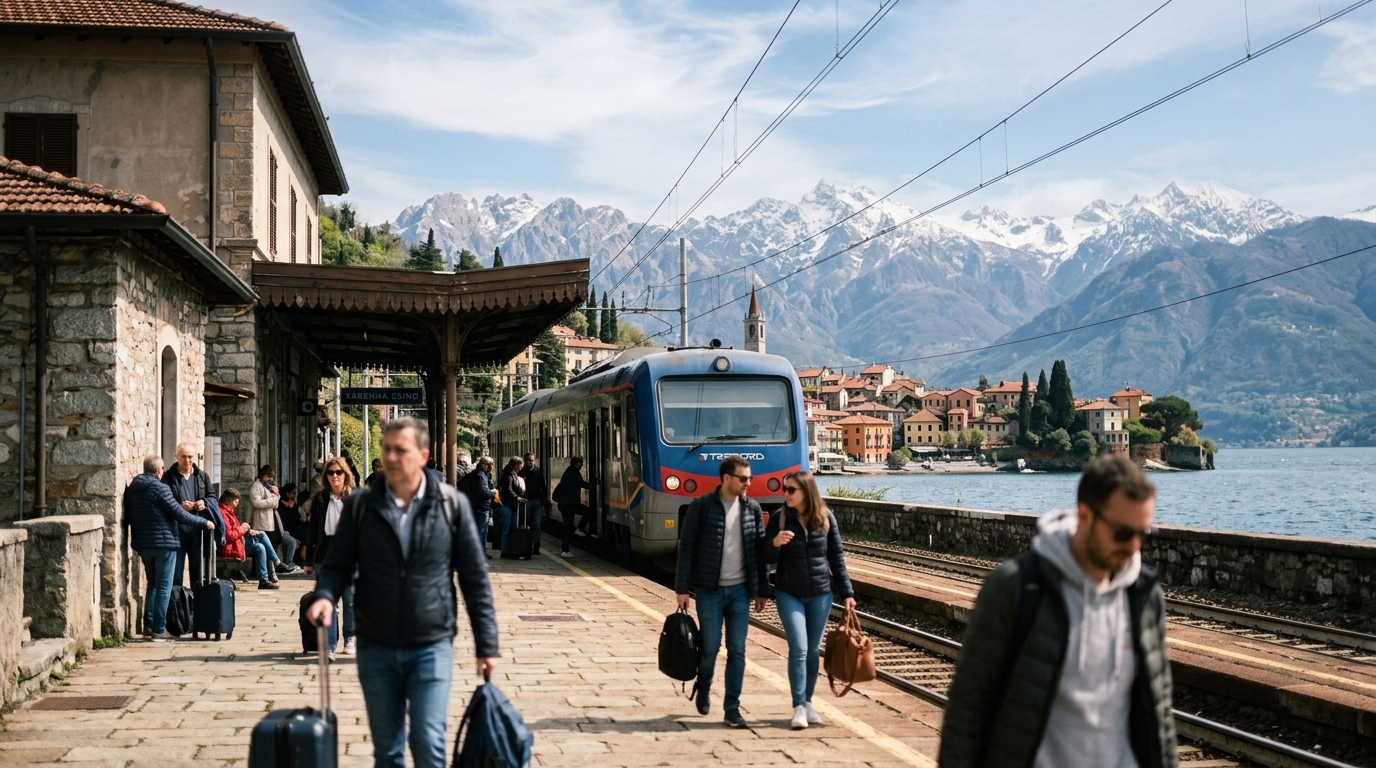 Lake Como train station with mountains in background