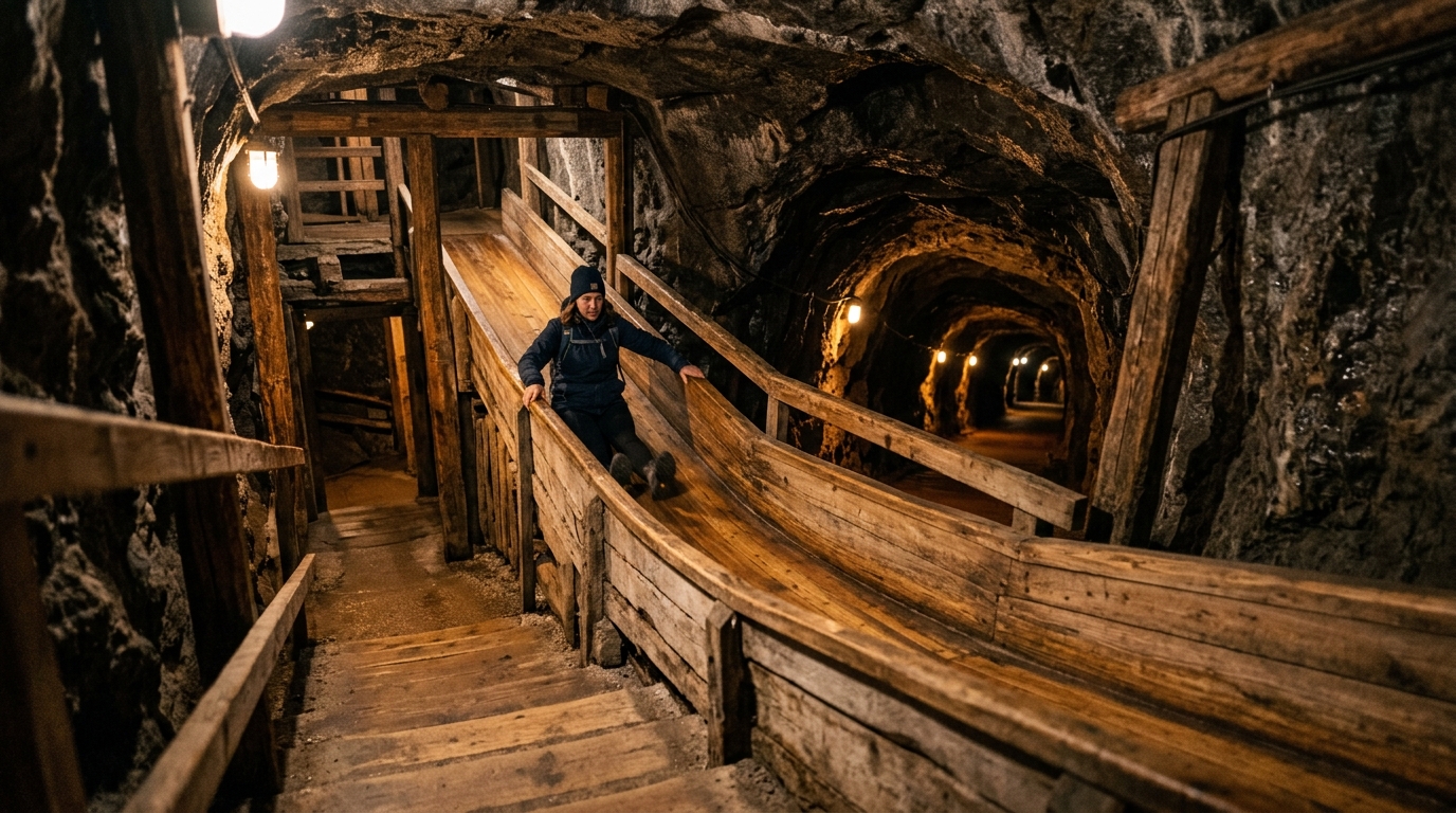 Inside the Hallstatt salt mine showing the wooden slide and underground tunnels lit in amber