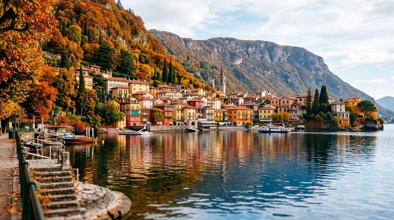 Autumn foliage along Lake Como hillside with colorful village reflections