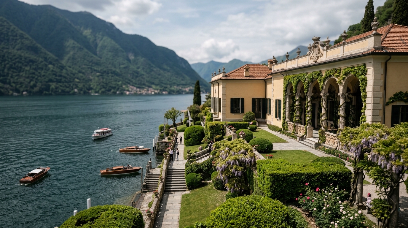 Villa del Balbianello on Lake Como promontory with gardens and lake views
