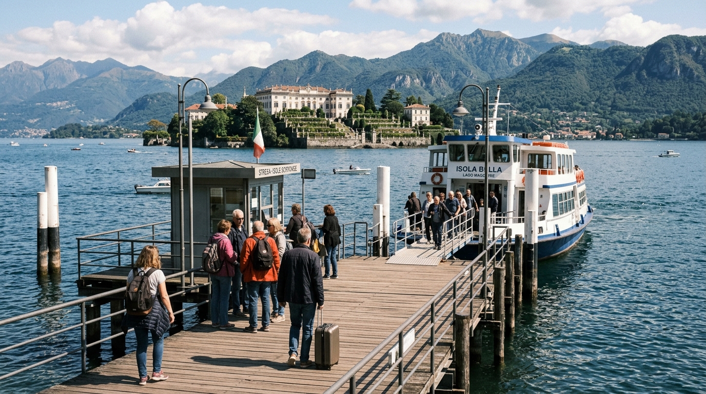 Stresa ferry pier with Lake Maggiore and Isola Bella in background in isola bella travel guide