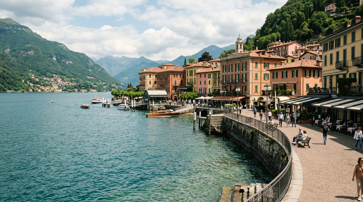 Bellagio lakefront promenade with colorful buildings and clear alpine lake water