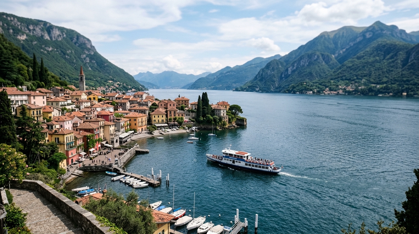 Panoramic view of Lake Como from above with colorful lakeside buildings and ferry boat