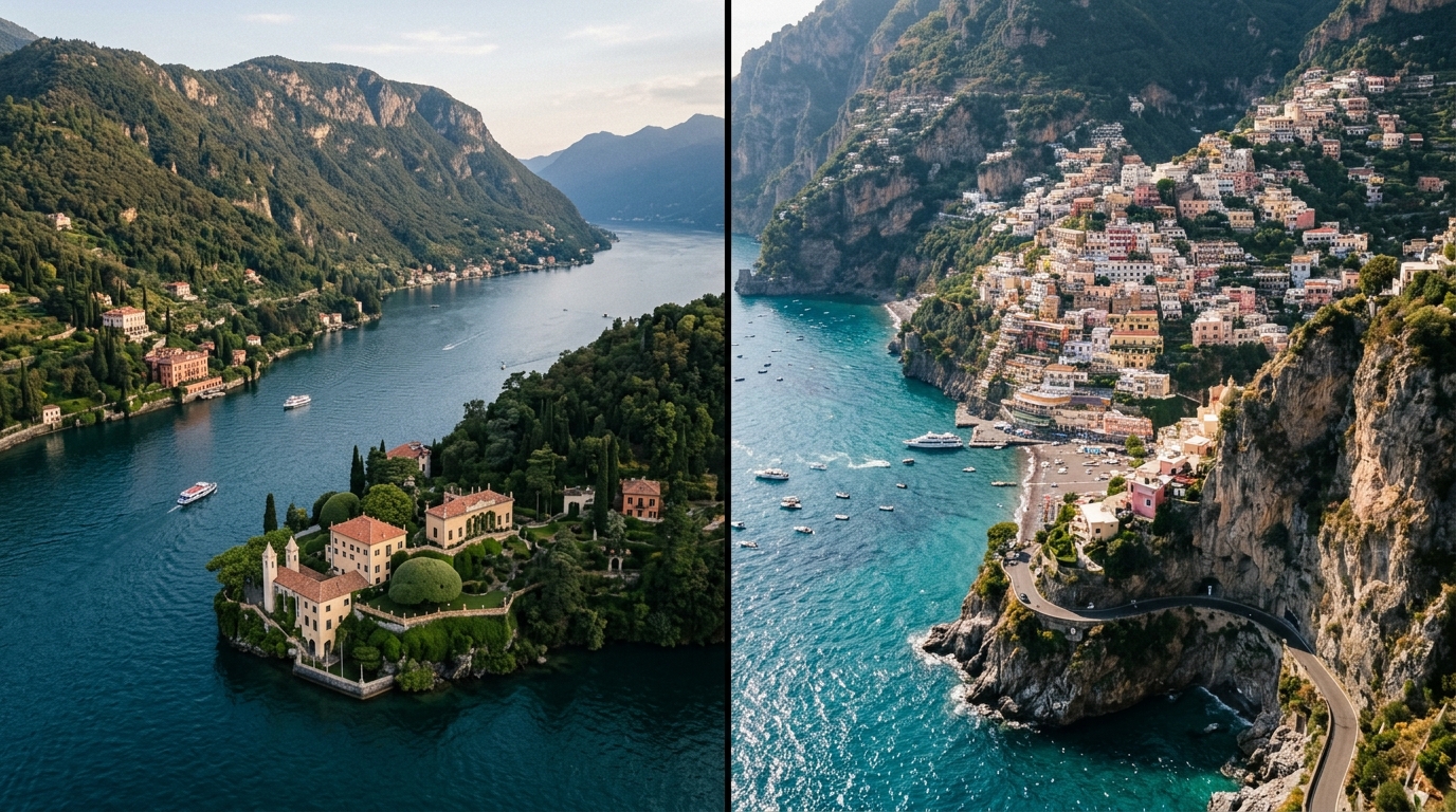 Aerial split-image showing Lake Como's serene blue waters with cliffside villas on the left, and the Amalfi Coast's dram in lake como vs amalfi coast