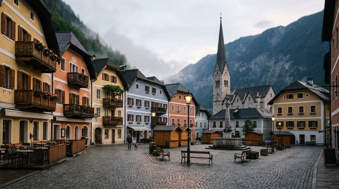 Hallstatt market square with colorful buildings and church spire, nearly empty in early morning in is hallstatt worth visiting