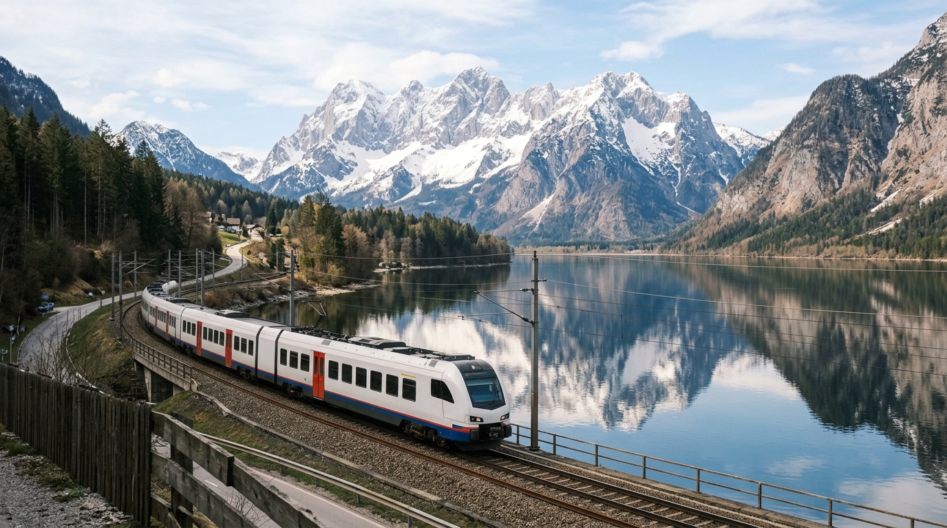 OBB regional train running through Salzkammergut lake district with snow-capped mountains reflected in water - in how to get to hallstatt