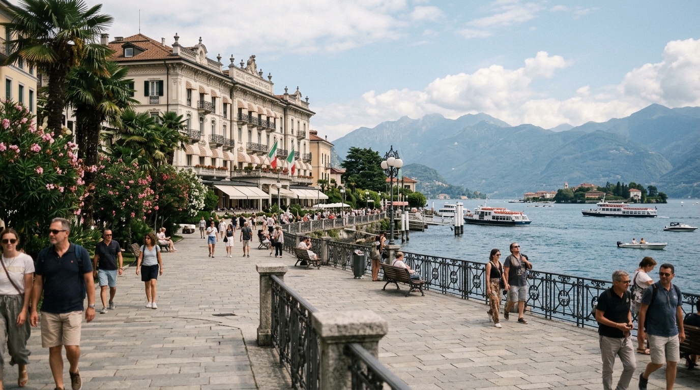 Stresa lakefront promenade with Grand Hotel des Iles Borromees and Lake Maggiore in isola bella travel guide