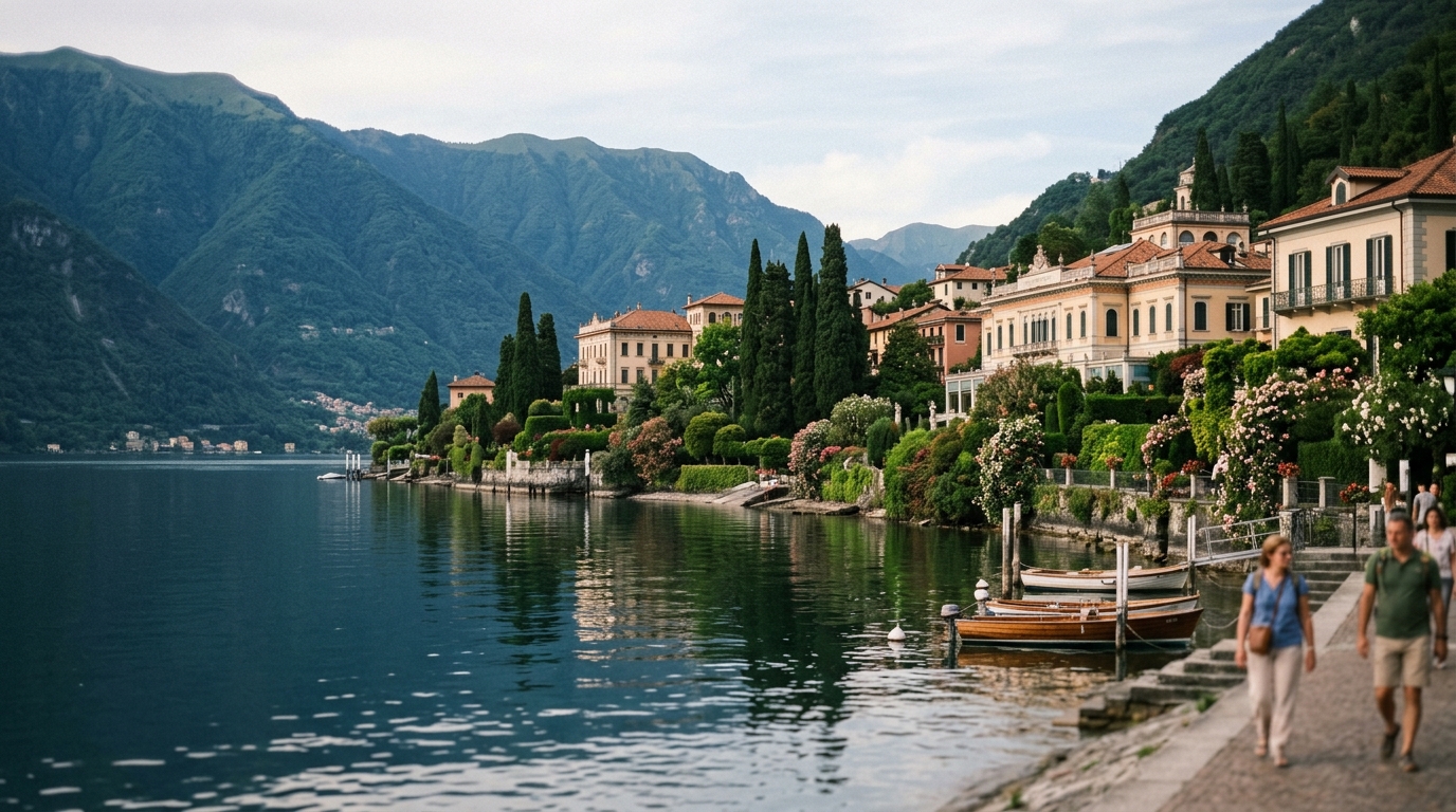 Lake Como shoreline at Bellagio with ornate historic villas, gardens, and calm lake water reflecting mountains